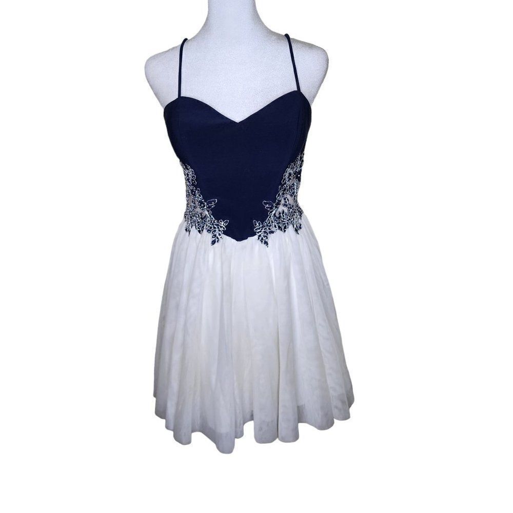 Vintage 90s Cocktail Dress Ballerina Skirt Womens Size 5 White Navy Blue